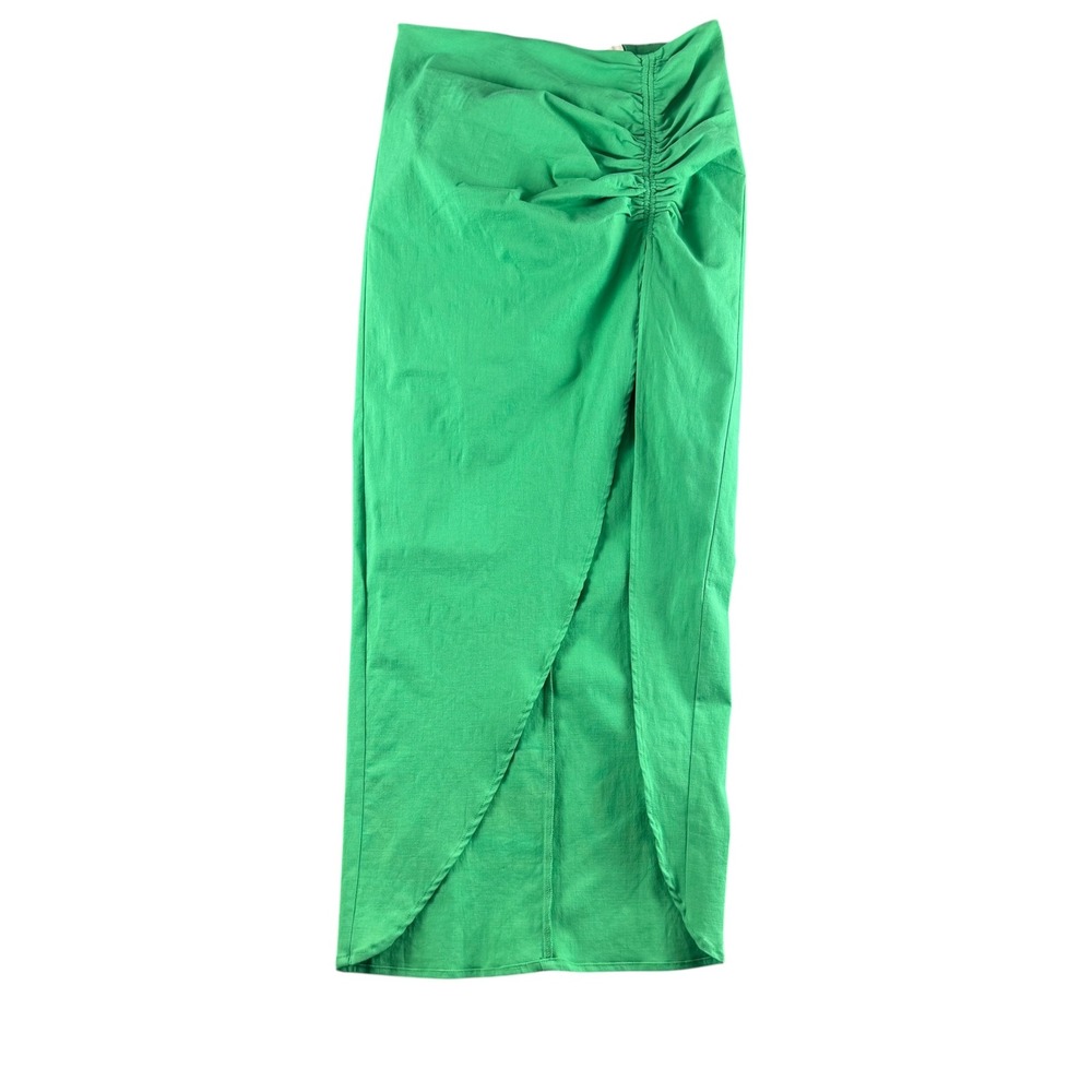 Entro Kelly Green Ruched Front Side Slit Midi Skirt S17921 Cotton Blend Large
